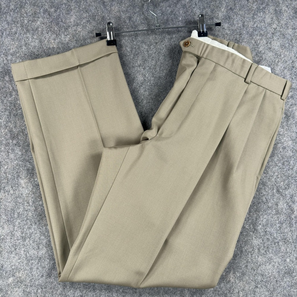 Brooks Brothers Dress Pants Mens 35x32 Beige Wool 346 Pleated Cuffed Regular Fit